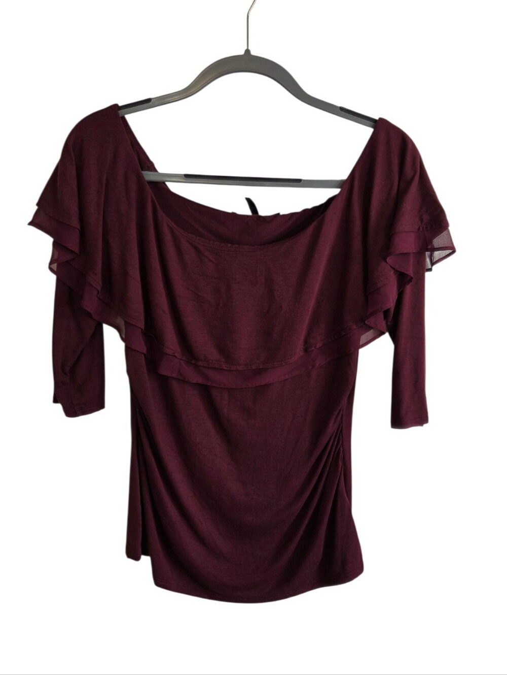 White House Black Market Burgundy Off The Shoulder Ruched Ruffle Top Size Medium